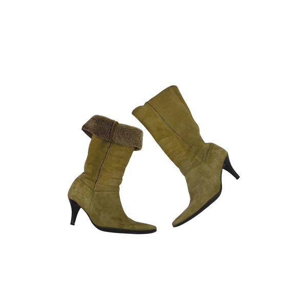 Pedro Miralles Sport Olive Suede Fur Trimmed Knee High Boots Size 40 US 9 Witchy - Picture 7 of 9